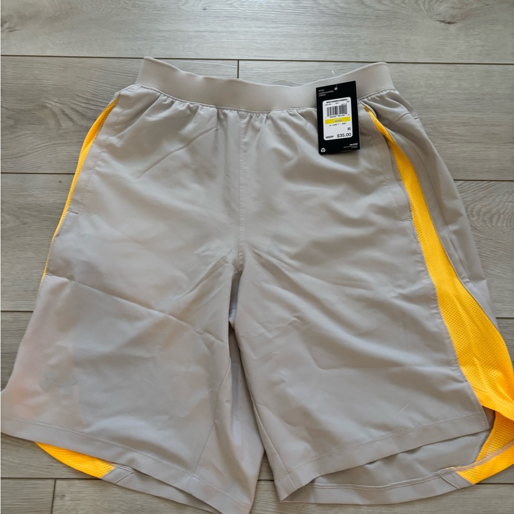 NWT- Under Armour Men's Athletic Shorts in Gray with Yellow Accents